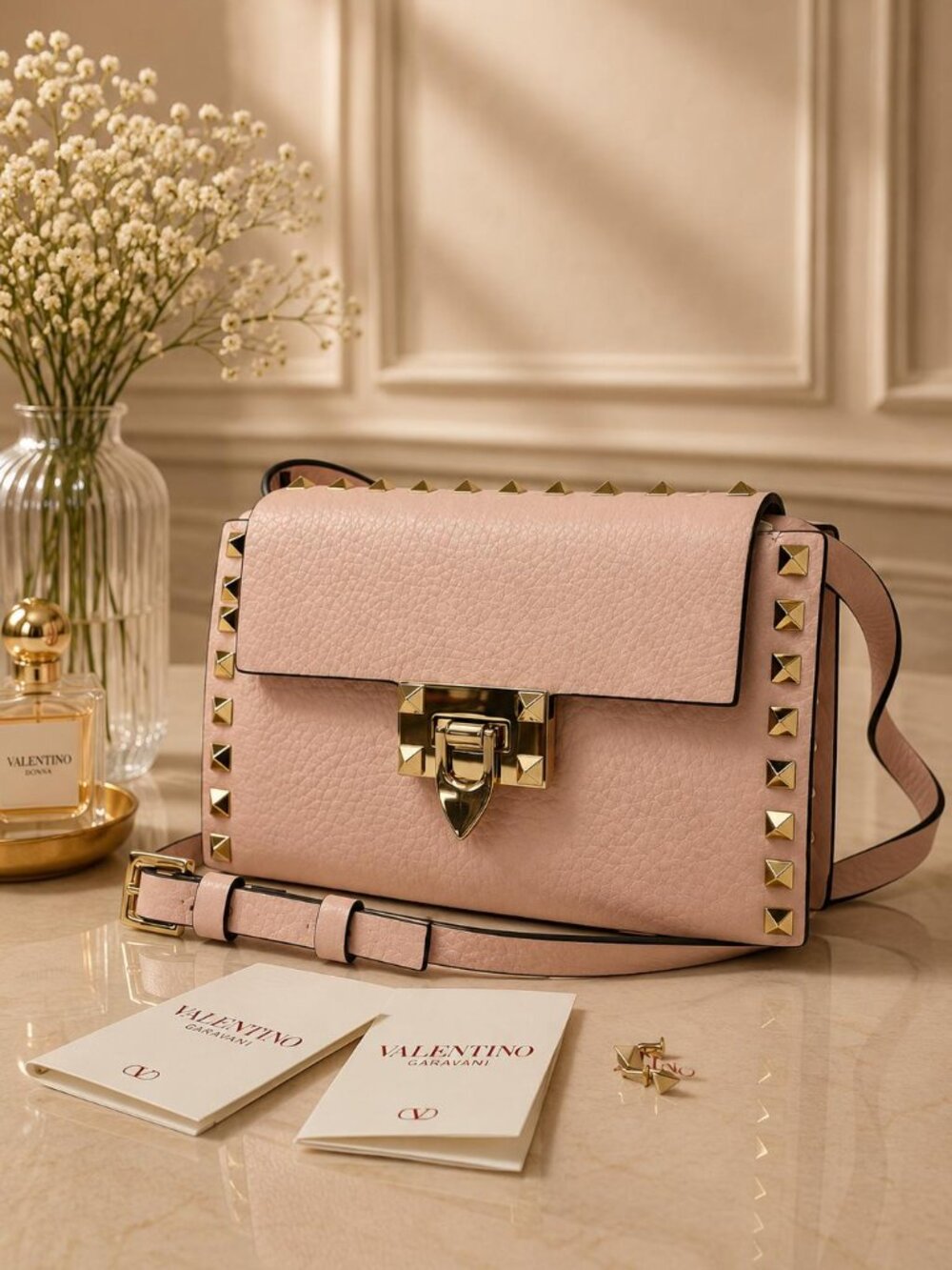 Authentic Valentino Garavani Rockstud Small Pink Leather Crossbody Bag